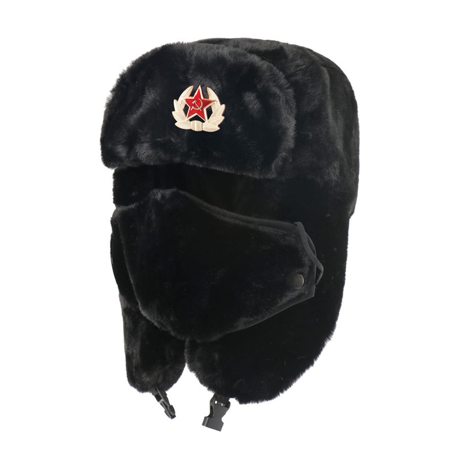 MYXE Russian Trapper Hat Cap With Soviet Badge Faux Fur Ushanka Cossack Flaps Hat Mens