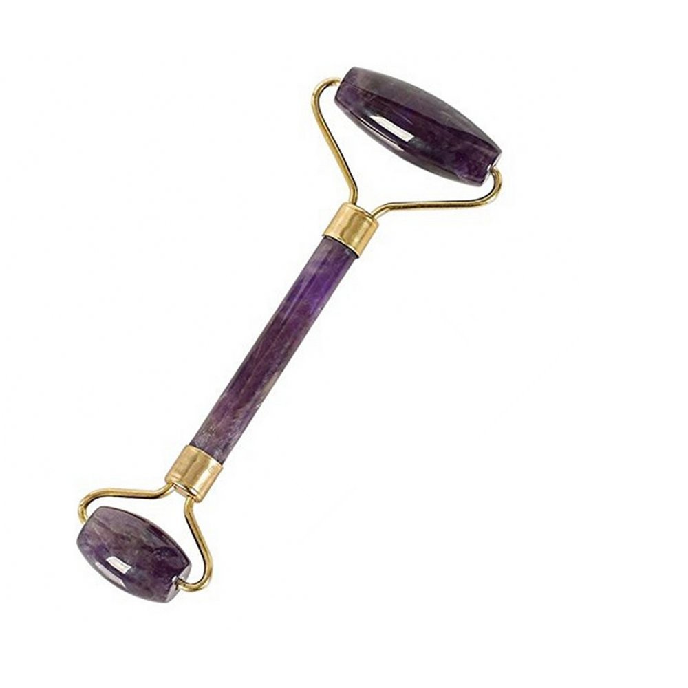 Rouleau de massage en jade améthyste naturelle Quartz Rouleau de massage en pierre de jade pour le visage et le cou Outil de massage anti-rides avec double tête et outil de massage Gua Sha