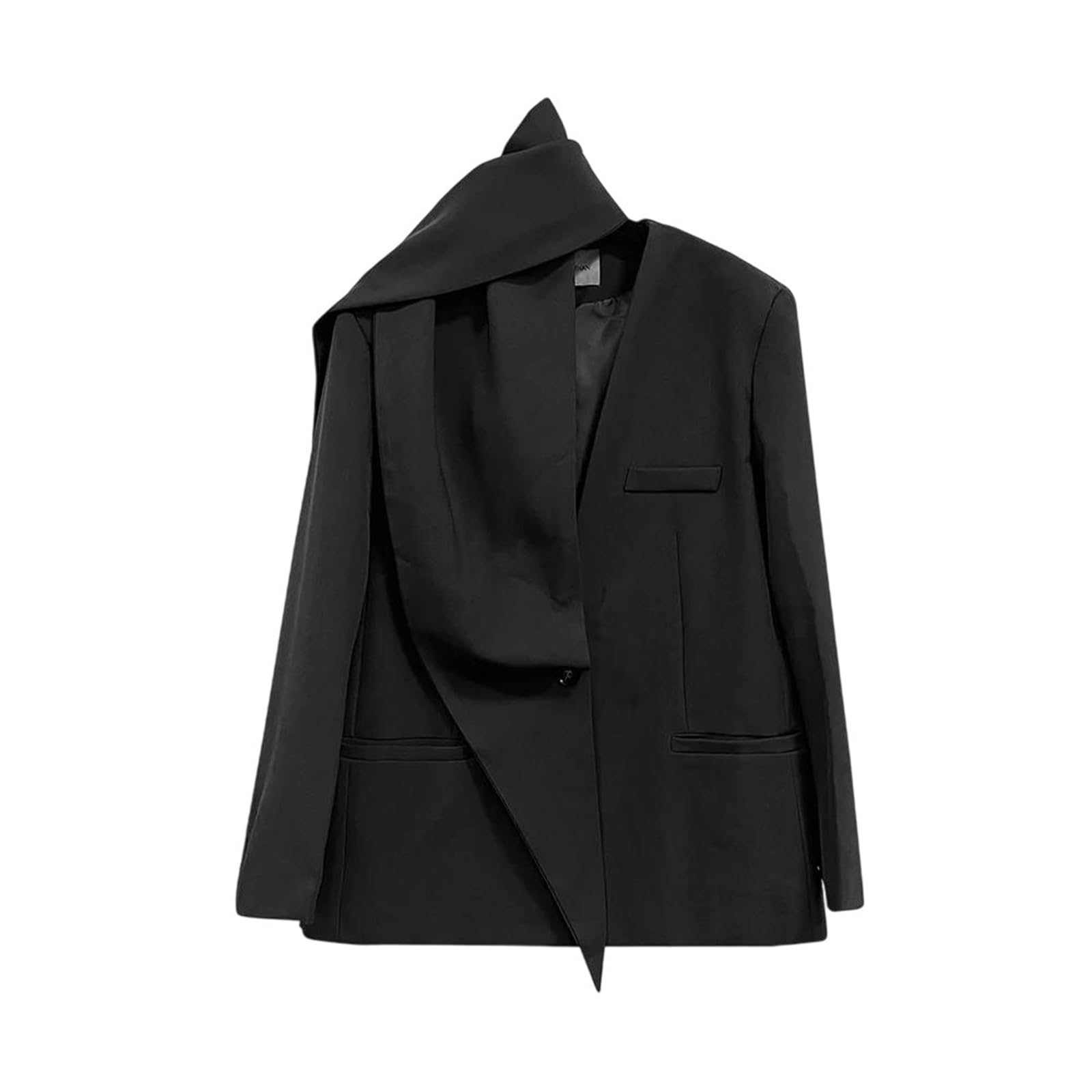 Womens Streetwear Blazer with V Neck Scarf Detail and Patchwork Pockets Single Button Loose Fit Coat