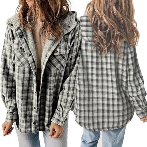 Hivebabe Flannel Fleece Lined Shirt, Fleece Hooded Jackets Warm Coat, Button up Plaid Shirt Jackets Warm Coat3