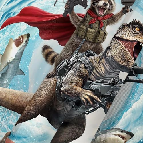 Image of Funny Raccoon Riding Dinosaur Shower Curtain, Cool Animal Surfing Ocean Wave Bathroom Decor Shower Curtain Set with Hooks, Waterproof Fabric Nautical Bath Curtain for Kids, 72X78 Inches