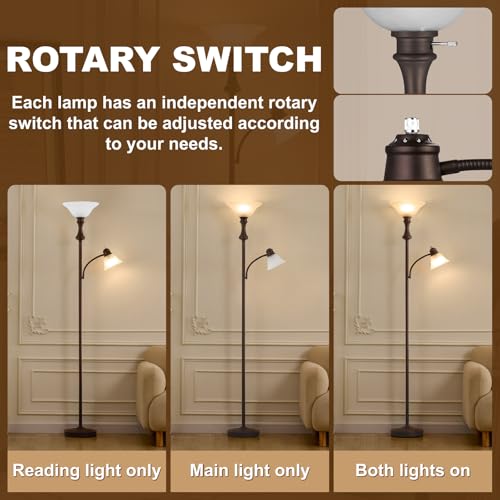 Image of Torchiere Floor Lamp, Adjustable Angle Reading Lamp-Red Brown 71IN | Standing Lamp for Bedroom with Glass Shade, Tall Floor Lamp for Living Room Decor, Office, Corner, Knob Switch, Bulb Included