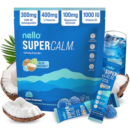 Image of Nello Supercalm Drink Mix with Magnesium Glycinate, KSM 66 Ashwagandha, Vitamin D3 and L Theanine, Calm Powder Supplements for Relaxation Support, No Sugar, Travel Packets, 20 Ct, Blue Coconut