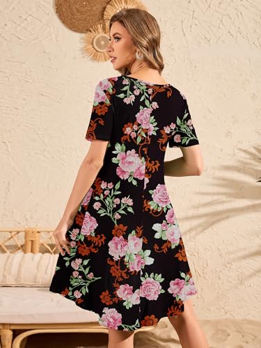 Image of DEARCASE Summer Dresses for Women V-Neck Short Sleeve T Shirt Dress Casual Flowy Swing Beach Vacation Mini Sundress