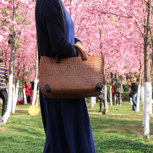 Bolso de paja para mujer con asa redonda de madera miniatura 5