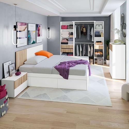 Miroytengo Pack de Muebles de Dormitorio Etnha Estilo Nórdico en Color Blanco Artik y Natur con Cabecero 2 Mesitas, Cama y Vestidor