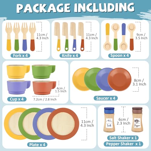 Image of Wooden Play Dishes and Plates for Kids Kitchen Set Accessories