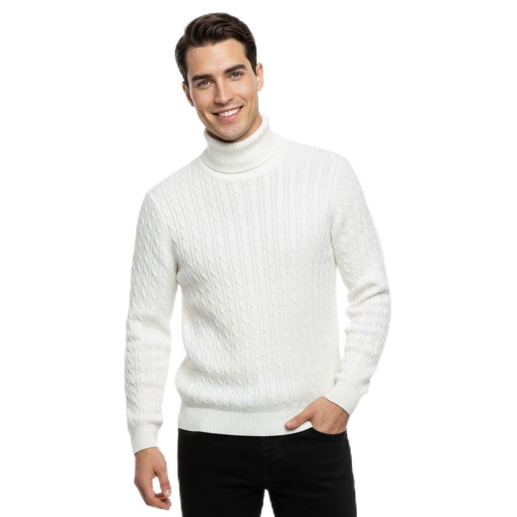 Party HuB Mens Cable Knitted High Neck Jumper – Warm Turtleneck Sweater, Thick Chunky Knit Pullover, Soft Thermal Knitwear Cream