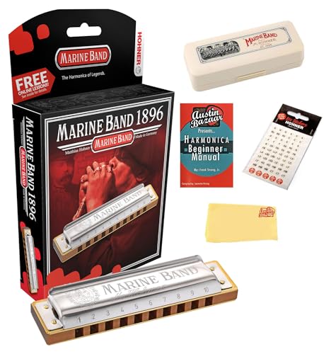 Hohner Marine Band 1896 Classic Harmonica - Key of E Bundle with Case, Stickers, Instructional Manual, and Austin Bazaar Polishi