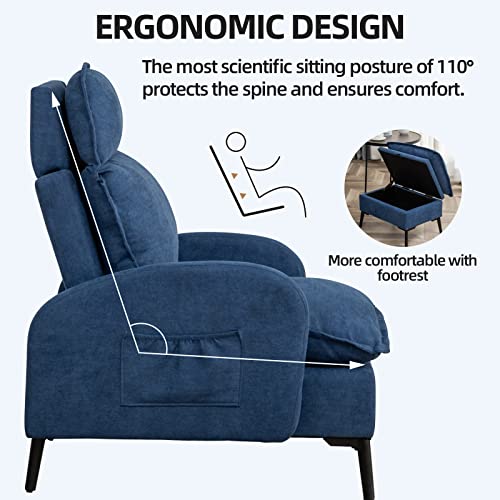 Hchairh Accent Chair With Storage Ottoman, Fabric Armchair With Adjustable Backrest With Side Pokets,Comfy Lounge Chair For Living Room Bedroom Apartment, Blue #TOP6