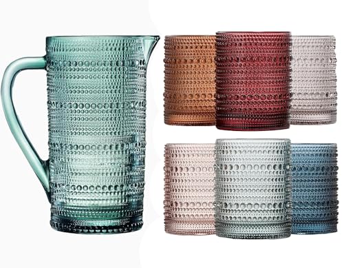 Image of Khen Hobnail Beaded Pitcher & Tumbler Glasses Set | Set of 6 Glasses & Carafe| Vintage 11 OZ Lowball & 2.4 Litter Glass Muted Bubble Design, Old-Fashioned, Embossed Design - Water, Wine, Cocktail