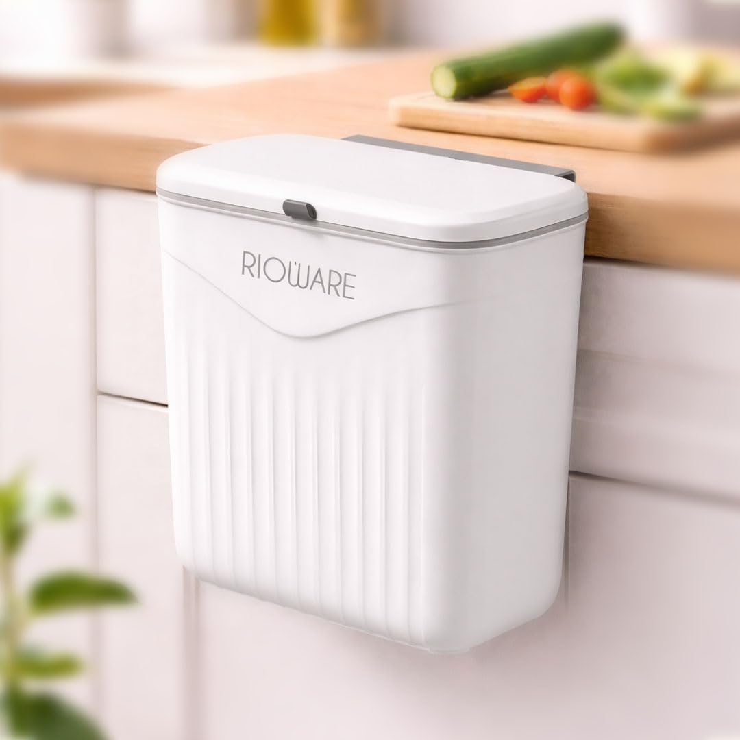 Rioware Plastic Hanging Kitchen Trash Can With Lid, Open Lid Design, Dual Sided Kitchen Trash Can, Kitchen Cabinet Door Hanging Wall Storage Bucket (12 Litre, White)-picture-30