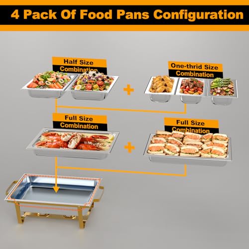 Chafing Dishes for Buffet 4 Pack, 9Qt Chafing Dish Buffet Set with Different Food Pans Combo, Food Warmers for Parties Buffet, Events & Weddings, Gold - Image 3