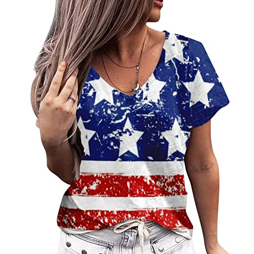 4 of July Outfit Women, Women Tie-dye Independence Day Fashion Printed Colorful Short Sleeve Blouse - Image 4