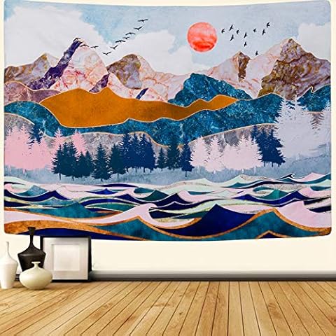 SENYYI Mountain and Sunset Tapestry Wall Hanging Forest Trees Tapestry Wave Art Tapestry Nature Landscape Home Decor for Room (59.1 x 82.7 inches) Cover