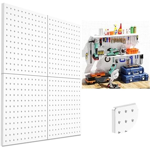 DEMEDO Peg Board, 4Pcs Metal Pegboard Wall Organizer with Heavy Duty, Pegboard, Peg Boards for Walls White Pegboard Panels for Craft Room Garage Workshop Kicthen Tool Organization Cover