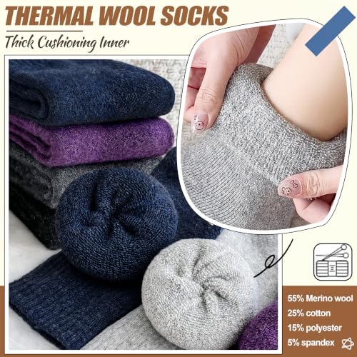 Image of EBMORE 5 Pairs Women Merino Wool Boot Socks Warm Thermal Winter Thick Hiking Cozy Cabin Crew Comfy Socks for Ladies