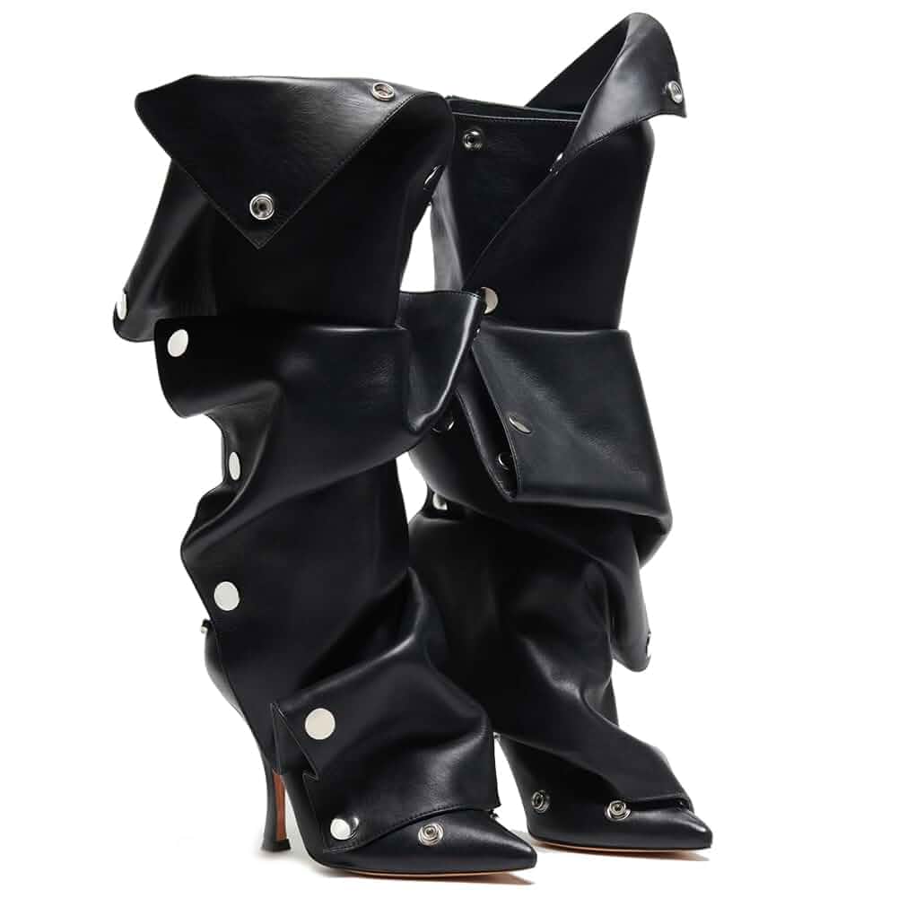 VOMIRA Women's Knee High Boots Stiletto Boots Pointed Toe High Heels Wide Calf Ruched Slouchy Boots Detachable Snap-off Panel Mid Calf Boots Black Boots