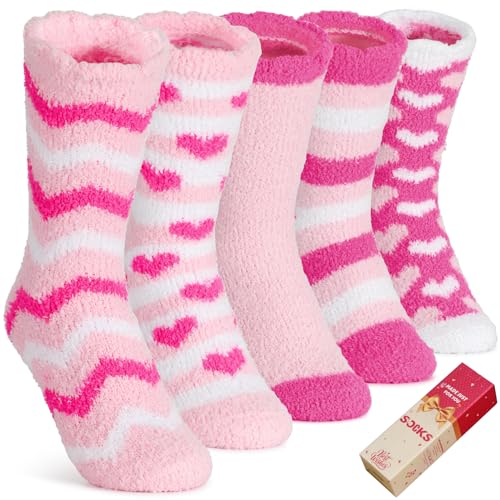 Hodola Valentine‘s Day Gifts for Her - 5 Pairs Cozy Fuzzy Socks for Women, Pink Fluffy...