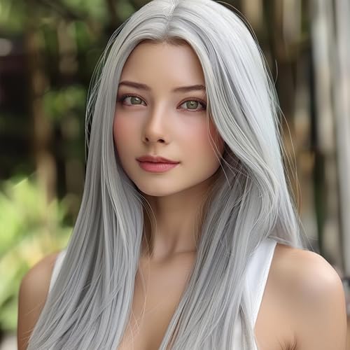 BERRYLION Long Straight Wigs for Women - Synthetic Wigs for Black Women 28inch (Grey)