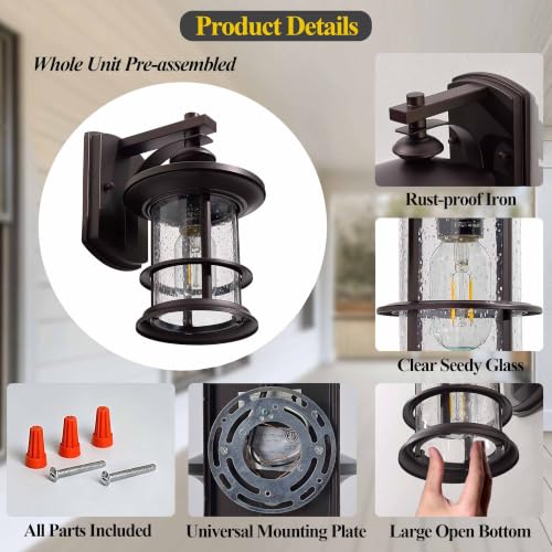 Image of MICSIU 100W Max Vintage Farmhouse Oil Rubbed Bronze Outdoor Wall Light | 10 Inch Metal Exterior Sconce 1 Pack, Clear Seedy Glass Outsize Porch Light for Entryway, Garage, Bathroom