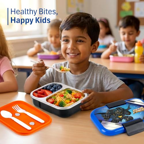 Image of Nayasa Marco Batman Print 2 Compartment Stainless Steel Insulated Lunch Box for Kids Boys | Vacuum Sealed Leak Proof Tiffin Box | 650 ml | Black & Blue
