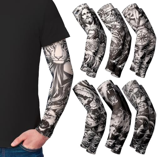 Boao 12 Pcs Temporary Tattoo Sleeve for Men Cooling Arm Sleeves Long Fingerless Arm Cover Anti Slip UV Protection Sun2