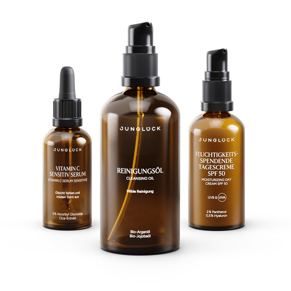 JUNGLÜCK Set Fahlen Teint ausgleichen SPF 50 | Reinigungsöl + Vitamin C Sensitiv Serum + Feuchtigkeitsspendende Tagescreme SPF 50 – Glow & UV-Schutz