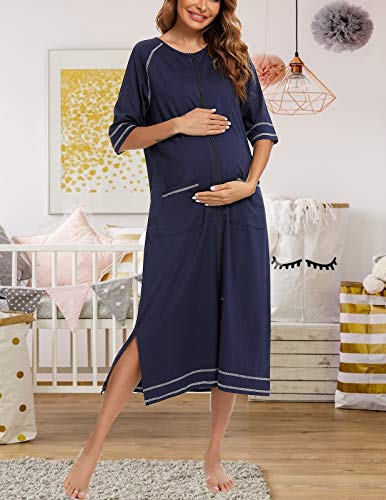 Image of Veseacky Women Robe Zipper Front House Coat 3 /4 Sleeve Nightgown Full Length Ladies Lounge Dress with Pockets S-XXL
