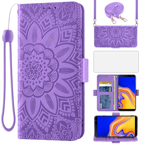 Asuwish Coque pour Samsung Galaxy J4 Plus 2018 avec Cordon et Verre Trempé Protecteur D'écran Rabat Support Cuir Porte Carte Portefeuille Étui J4+ Core J 4+...