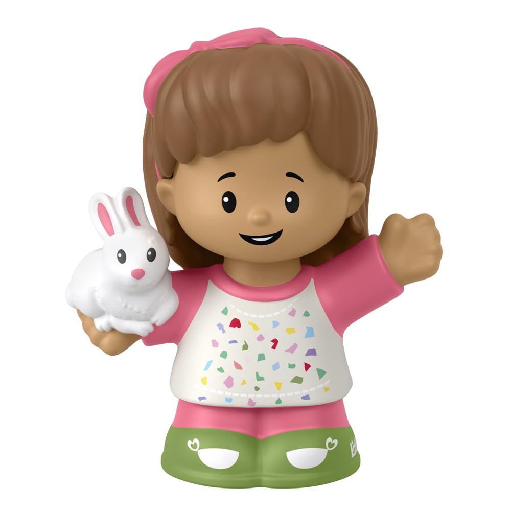 Little People Fisher-Price Figur für Kleinkind-Puppenhaus-Spielset HXC05 – Little Girl Mia Figur mit braunen Haaren und rosa Haarschleife – hält ein weißes Häschen Kaninchen