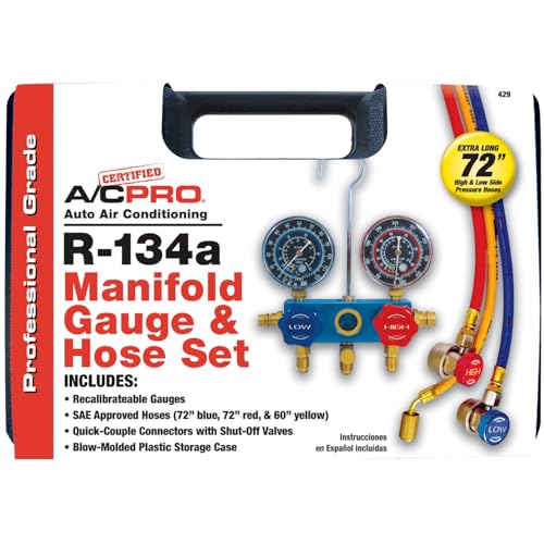 Image of Certified A /C Pro Car Air Conditioner Hose and Manifold Gauge Set, Reuseable Set Checks Low and High Side Pressures for R134-A Refrigerant, Includes Hoses, InterDynamics