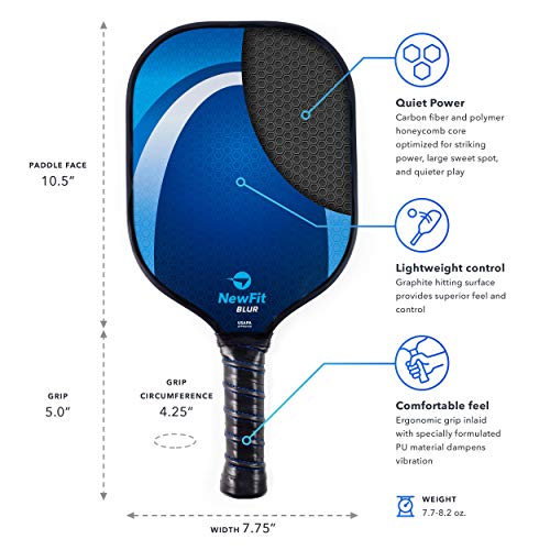 NewFit Blur Pickleball Paddles - USAPA Approved Pickleball Paddle Set of 2 with Covers and Four Pickleballs - Graphite Face & Honeycomb Polymer Core for a Quiet and Light Pickleball Racket (Blue-Blue)