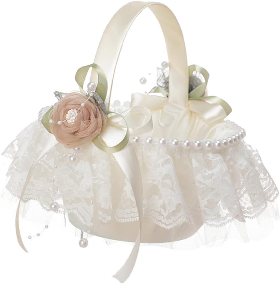 Wedding Flower Girl Basket with Pearls and Lace Elegant Handheld Floral Basket for Ceremony and Party 3.5X7X3.5 Inches