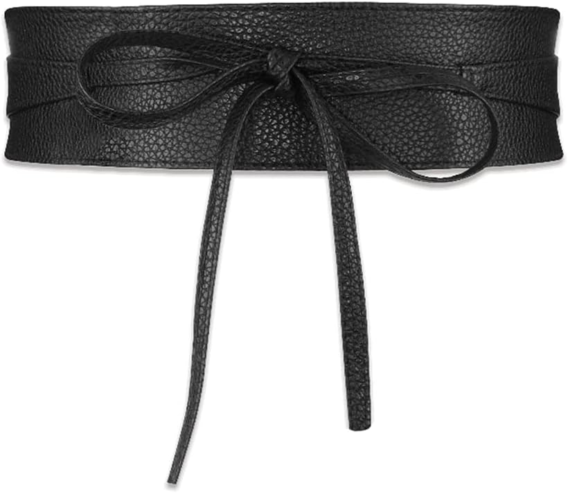 Womens PU Leather Corset Cinch Waistband Waspie Waist Belt Retro Tied Wide Belt Bandage Girdle Wrap Bowknot Band Bow Tie Faux Leather Obi Boho Style for Girls Halloween Costume โ Black