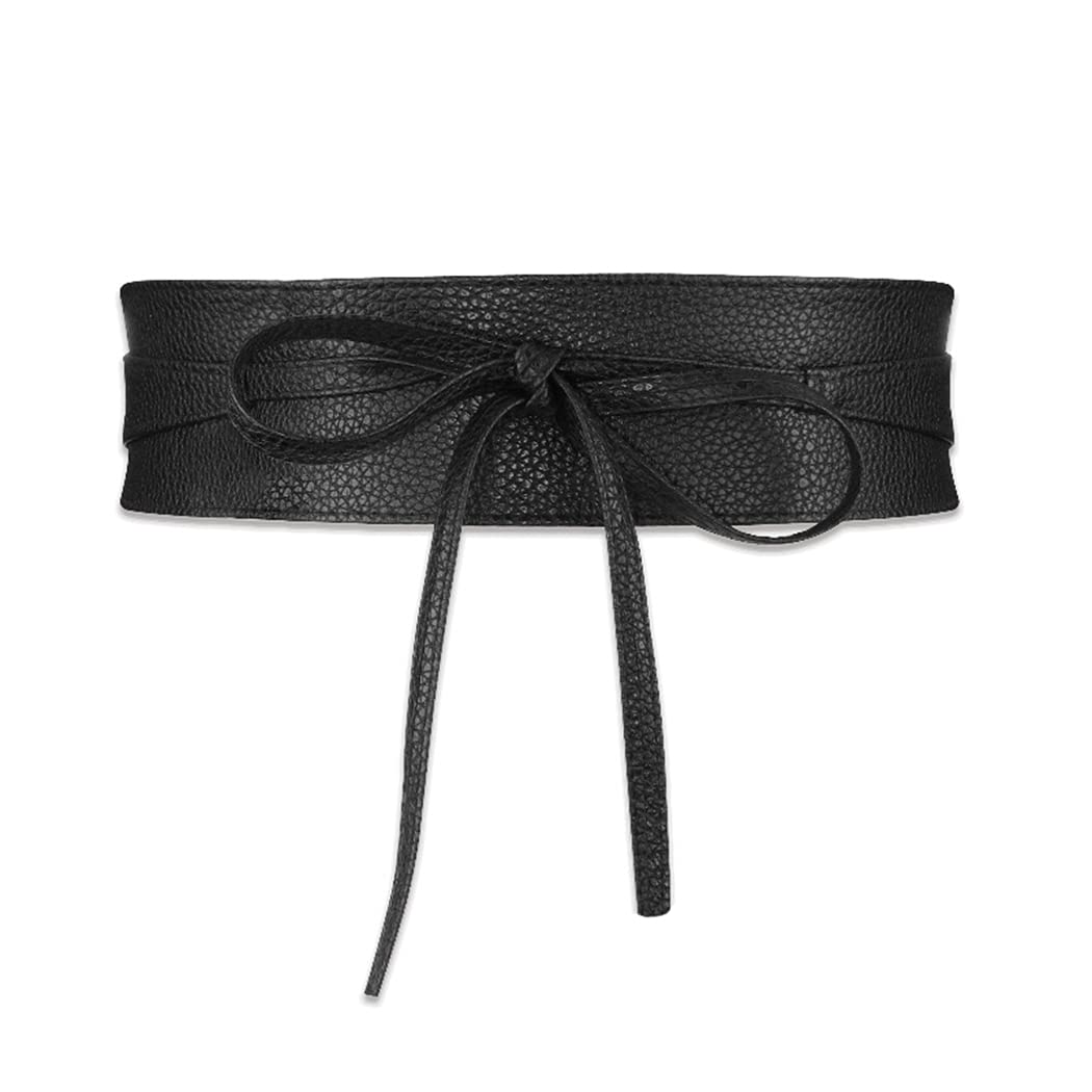 Aabellay Womens PU Leather Corset Cinch Waistband Waspie Waist Belt Retro Tied Wide Belt Bandage Girdle Wrap Bowknot Band Bow Tie Faux Leather Obi Boho Style for Girls Halloween Costume – Black
