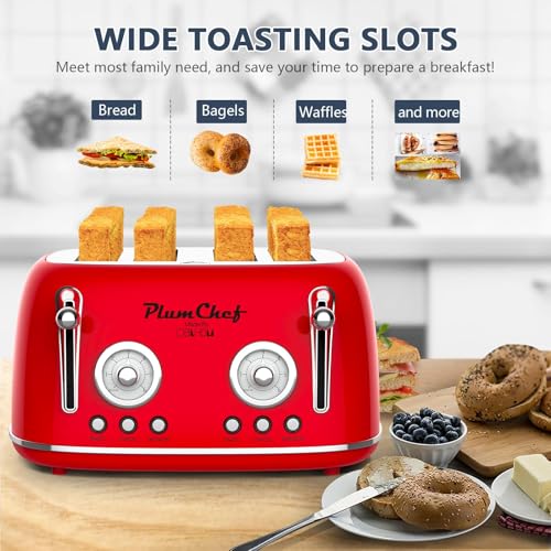Image of Plumchef 4 Slice Wide Slot Retro Style Toaster, Dual Control Toaster wtih Timer, 6 Browning Settings, Bagel /Defrost Functions, Removable Crumb Tray, Stainless Steel Housing,Black