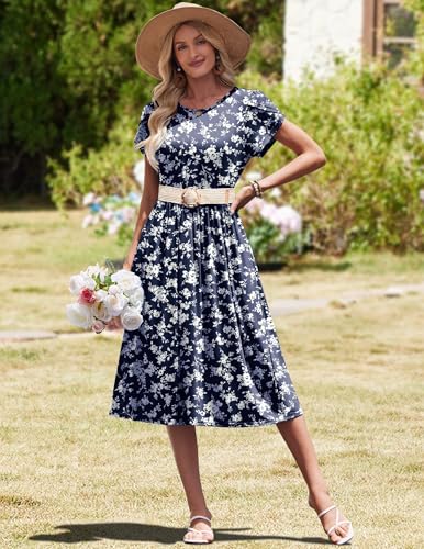 Image of HOTOUCH Women's Summer A-Line Midi Dresses 2026 Casual Floral Short Sleeve T-Shirt Dress Flowy Beach Sundress with Pockets
