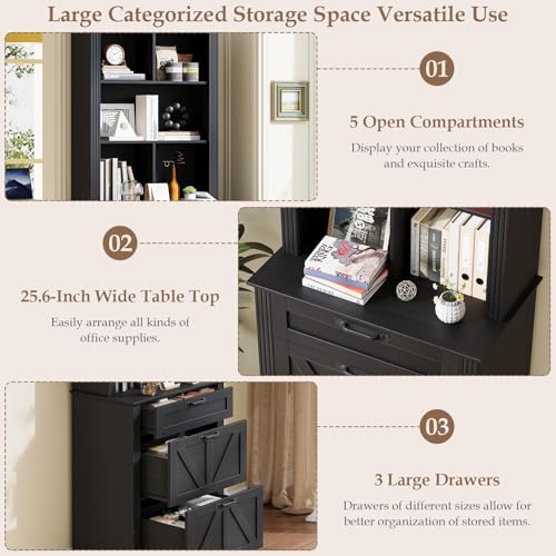 Image of Vabches Farmhouse Bookshelf with 3 Large Drawers, 70 inch Tall Bookcase with 5-Cube Storage Organizer, 3 Tier Wood Display Storage Cabinet for Home Office, Living Room, Rustic Black