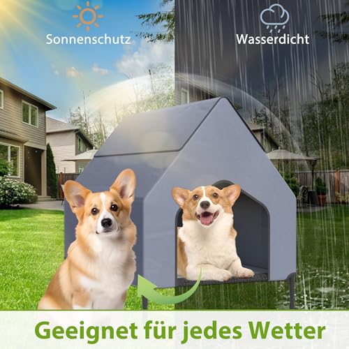 UISEBRT 2 in 1 Hundeliege überdacht & erhöhtes Hundebett mit abnehmbarem Deckel, Outdoor Hundezelt hundehütte für kleine und mittelgroße Hunde bis 80 kg, ideal für Garten, 130 x 84 x 104 cm