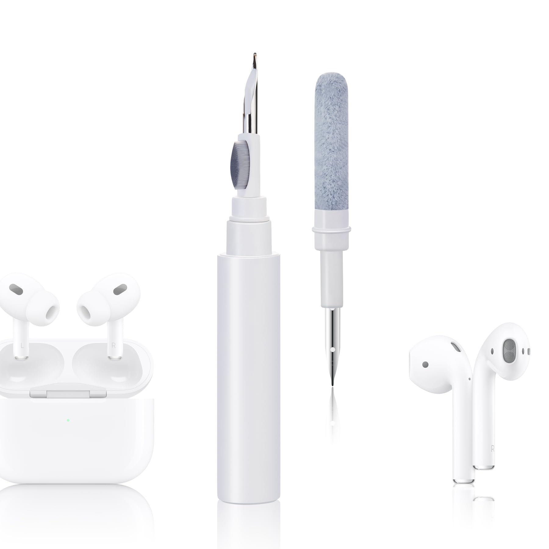 ISKOVI Multi-Function Earbud Cleaning Kit, Airpods Pro, Bluetooth Earphone Cleaning Brush, Flocking Sponge, Soft Brush, Mini Cylindrical Tool, White