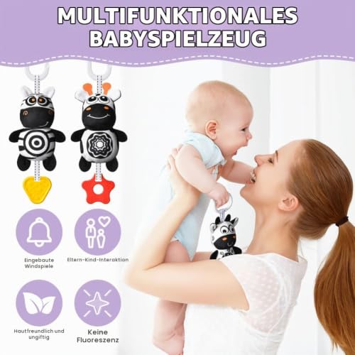 Aolso Kinderwagen Spielzeug, 3Pcs hängendes Rasselspielzeug, schwarz-weißes Spielzeug, Baby-Hängespielzeug… – Ansicht 3