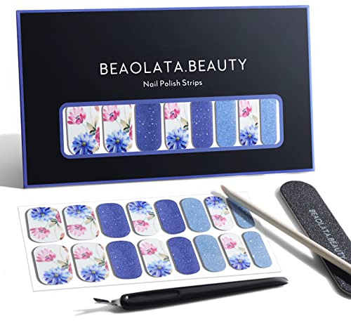 BEAOLATA Nail Polish Strips, 32 Nail Wraps, Nail Stickers, Nail Strips, Easy Apply& Remove, Long Lasting, Safe for Nails, Salon Quality(Lotus & Blue Glitter01)