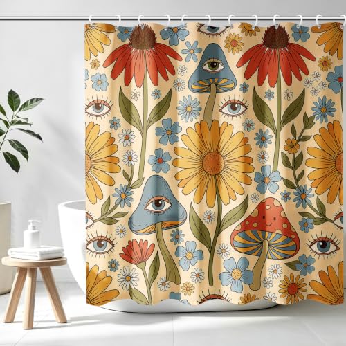 Aimego Boho Mushroom Floral Shower Curtains - 70s Retro Bohemian Yellow Orange Flowers Eyes Bath Shower Curtain Set with 12 Hooks for Adults Bathroom Decor Accessories, 72"x72"