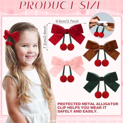 Suncalla 8 Piezas Pinzas para el Pelo con Lazo de Terciopelo y Adornos de Cereza, Broches de Cocodrilo Rojos con Pompones, Accesorios Lindos para Mujer miniatura 2