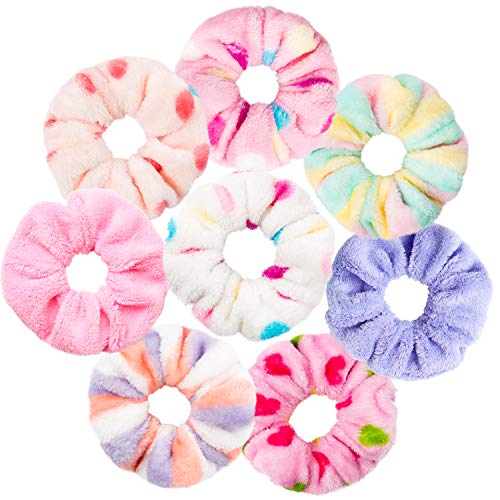 WATINC 8 Pcs Towel Scrunchies Colorful Hair Drying Scrunchie Dots Stripe Soft Microfiber Thick Fuzzy Scrunchy Frizz Free Hair Bobbles Ropes Traceless Ponytail Holder Girls Hair Ties for Wet and Dry Hair