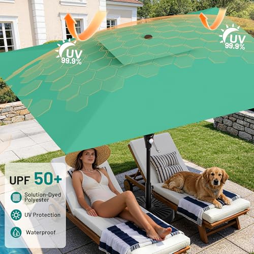 Image of AreShark 8'x10' 2 Tiers Rectangular Patio Umbrella - Outdoor Umbrella Waterproof UV Protection, Market Table Umbrella w /Crank for Pool, Backyard, Deck(Turquoise)