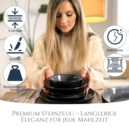 Steingut Geschirrset 6 Personen Ibiza 24 tlg. TESTSIEGER, Traumhaftes Mediterranes Steingut Geschirr Set, Schüssel- und Teller Set, Tafelservice 6 Personen, Geschirrsets Pure Living in Grau