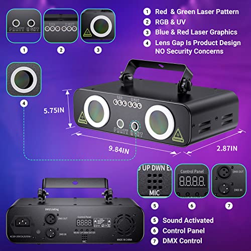 Ehaho Dj Laser Light 5 In 1, 3D Animated Graphics Lazer Dj Lights With Rgb/Uv & Strobe, Dmx & Remote Control Party Dj Disco Lights, Sound Activated Stage Laser Rave Light For Parties Dancing Bar Club #TOP4