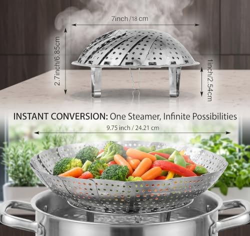 Image of Stainless Steel Steamer Basket for Cooking | Foldable Vegetable Steamer Basket for Momos, Dumplings & Veggies | Expandable Steam Cooker Insert | Dishwasher Safe Kitchen Steaming Basket